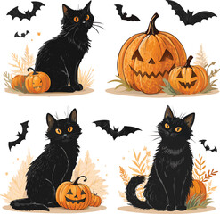 Halloween illustration bundle, 4 unique designs, spooky black cats, carved pumpkins, bats, full black silhouettes, realistic textures, white background, vector-friendly, no text, high detail