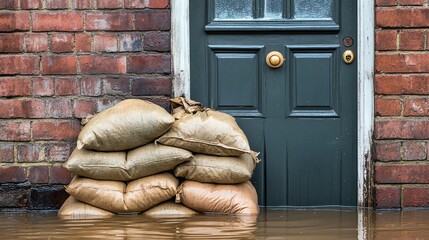 Sandbags stacked in front of door during rising floodwater