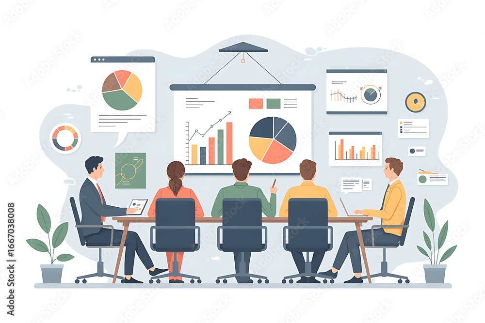 Poster diverse team in a modern office discussing financial data and charts on a large screen