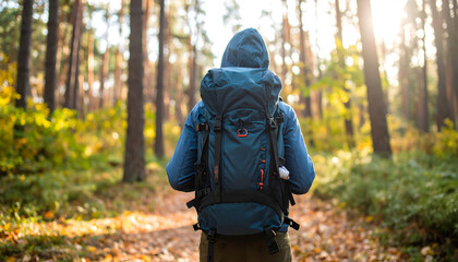 Backpacker in a Hooded Jacket Walking Through a Sunlit Autumn Forest Path