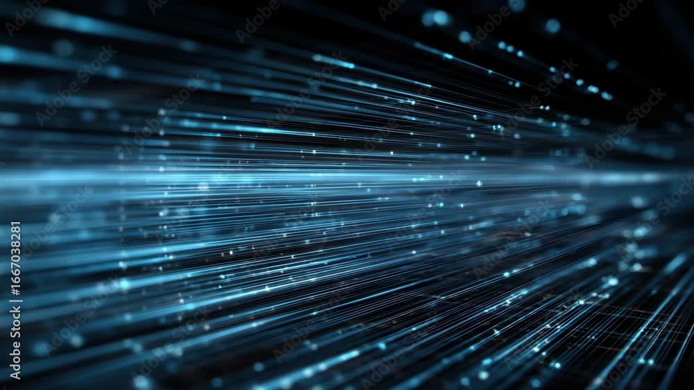 Poster bright blue streams of data are rushing across a dark background, creating a sense of motion and ene