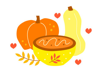 Cute hand drawn flat pumpkin creamy soup puree in bowl and butternut, pumpkin around isolated on white background. Seasonal autumn food.