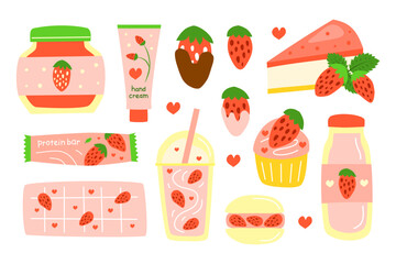 Cute hand drawn flat strawberry desserts and items isolated on white background. Strawberry cheesecake, protein bar, glazed chocolate berries, macaroon, cupcake, milkshake, chocolate, jam, etc.