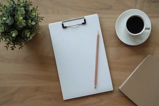 Overhead view of a blank clipboard with a pencil coffee cup and plant on a wooden desk - Powered by Adobe