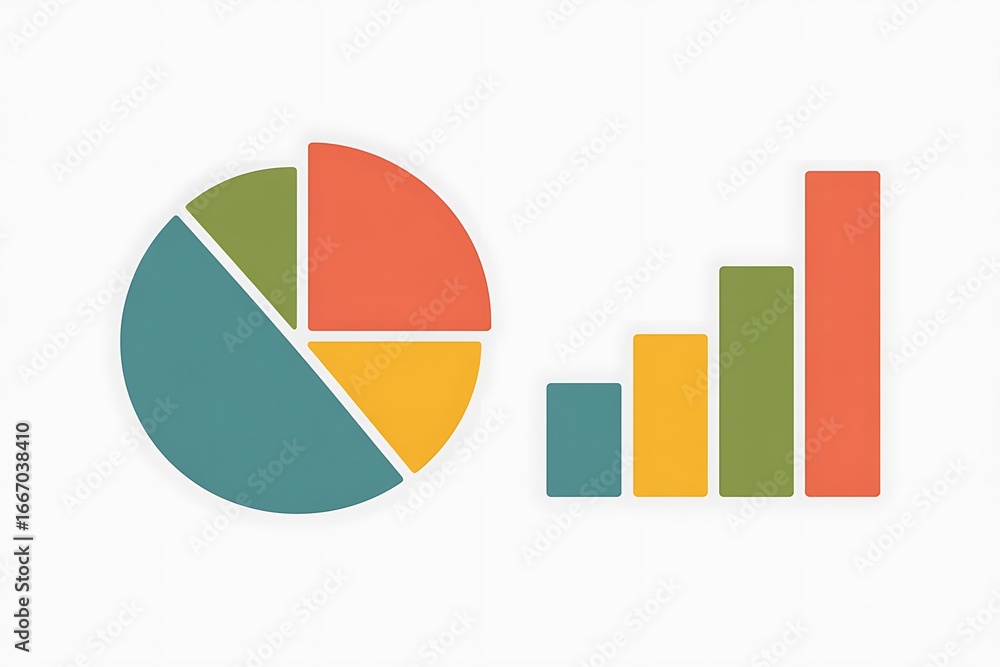 Poster colorful pie chart and bar graph representing data and statistics