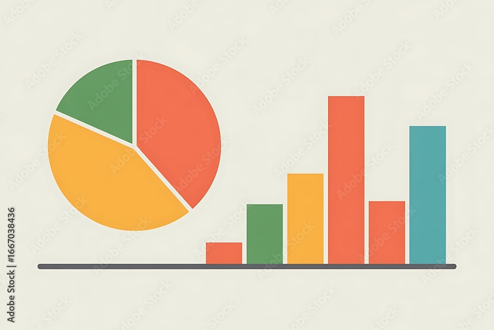 Poster colorful pie chart and bar graph representing data and statistics
