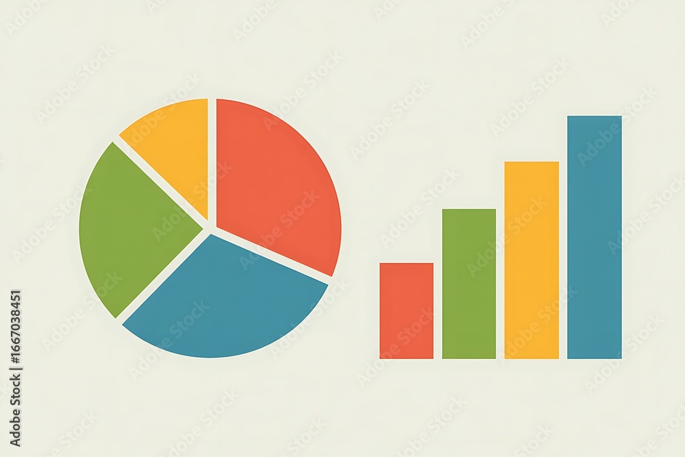 Poster colorful pie chart and bar graph representing data and analysis