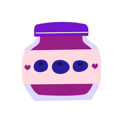Cute hand drawn flat blueberry jam in glass bottle isolated on white background.
