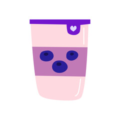Cute hand drawn flat blueberry yogurt in plastic bottle isolated on white background.