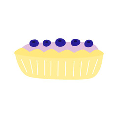 Cute hand drawn flat blueberry tart with berries isolated on white background.