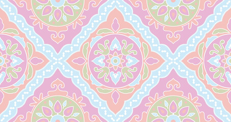 An intricate pastel mandala pattern evokes calmness and mindfulness soft pinks and blues in a