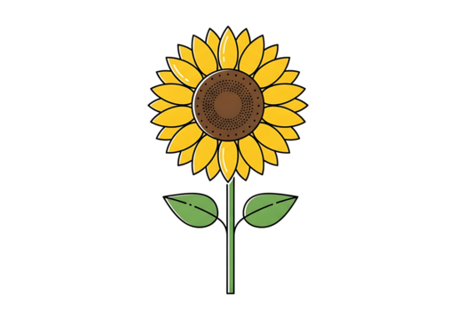 A vibrant sunflower design with bright yellow petals, a dark brown center, and green leaves, displayed against a solid black backdrop. - Powered by Adobe