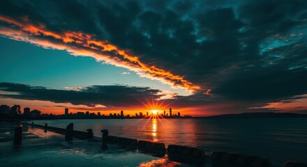 Dramatic sunset over a coastal city skyline reflecting on the water