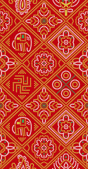 An ornate Bandhani textile exhibiting cultural artistry and traditional Indian design with a vibrant