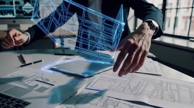 Futuristic building design digital blueprint architecture hologram technology innovation creative workspace architect hand tablet modern office