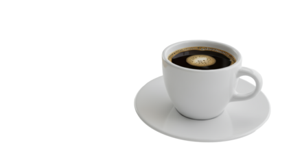 High-key photorealistic shot of a transparent ceramic coffee cup with rich dark coffee and perfect light brown crema on a matching saucer, on a minimalist surface with bokeh. Concept of