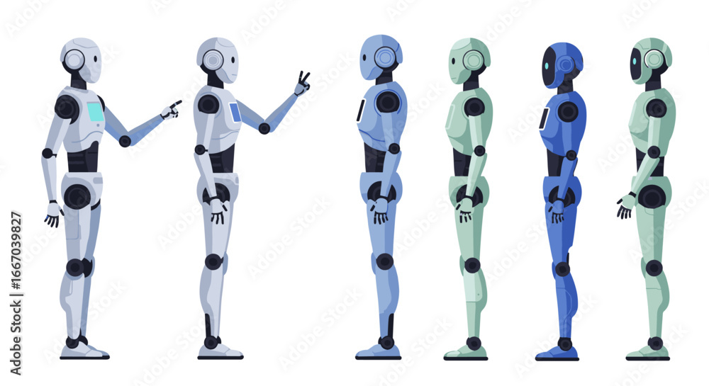 Aufkleber futuristic robots in conversation and lineup on white background