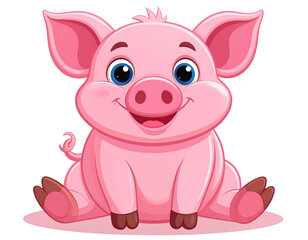  Cute Cartoon Pig Character Sitting with Smiling Face, Transparent Background