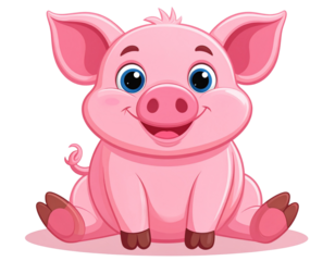  Cute Cartoon Pig Character Sitting with Smiling Face, Transparent Background