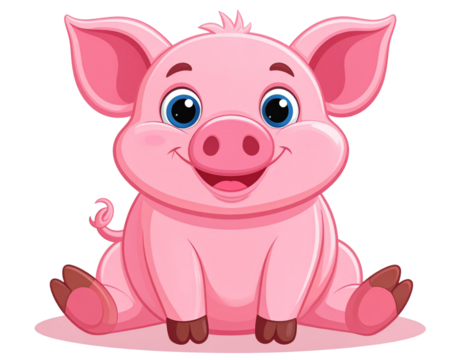  Cute Cartoon Pig Character Sitting with Smiling Face, Transparent Background