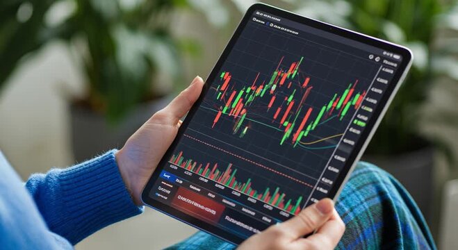 A person is using a digital tablet to observe dynamic forex trading charts, actively analyzing financial market data for astute business investment.