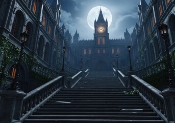 Fototapeta premium A gothic castle with a clock tower under the moonlight with stairs leading up to it at night