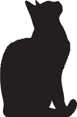 Black silhouette of a fluffy cat sitting and looking up white background