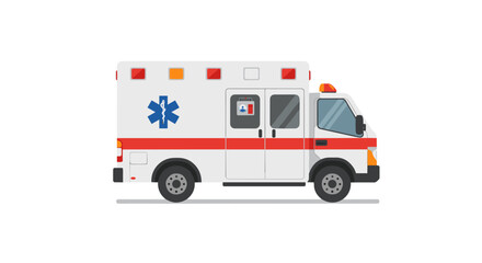 Modern ambulance vehicle side view with medical symbol in flat design