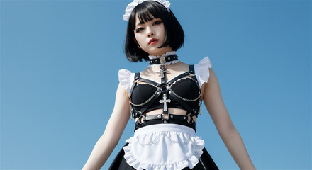 ゴシック風メイド服の女性ポートレート（青空背景）