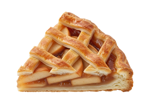 A delicious slice of warm  pie, showcased against a striking black background, displaying a lattice crust and juicy filling.