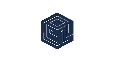 Geometric maze logo design in minimalist style with hexagonal shape