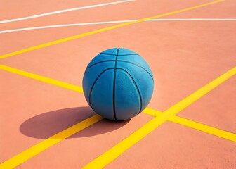 A blue basketball sits centered on a peach court, its shadow stretching out, surrounded by yellow and white lines, symbolizing precision and strategic play in the game ahead