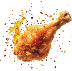 Crispy Fried Chicken Drumstick with Colorful Spice Splash and Pepper Flakes food cooking