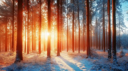 Naklejka premium Sunlight streams through snow-covered forest trees, casting warm glow, creating a winter scene