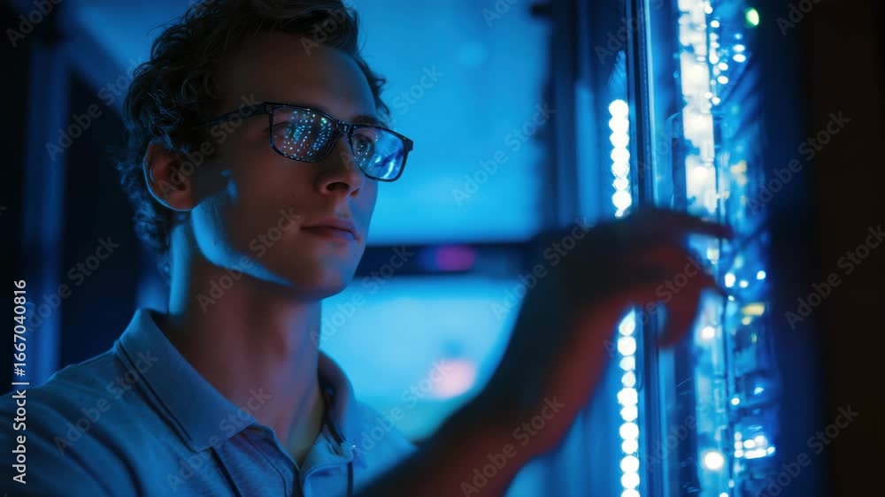 Poster a technician adjusts server components in a dimly lit data center filled with glowing lights. the fo