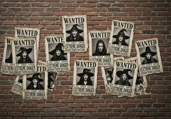 Vintage halloween wanted posters on brick wall with witch woman portrait for scary and spooky holiday