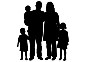 Silhouette of a family standing together with children husband, wife and three children