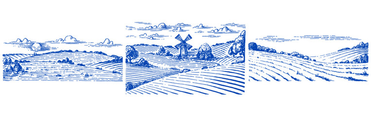 Rustic meadow hand drawn village landscape illustrations with fields and windmill. Beautiful scentic view for milk, cheese farm products. Eco food.