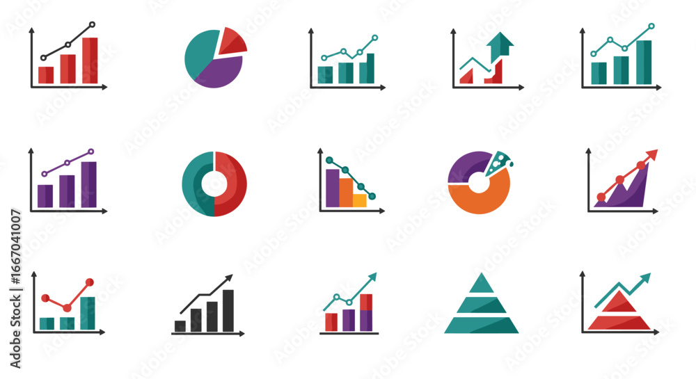 Poster colorful graph and chart icons set for business and analysis presentations