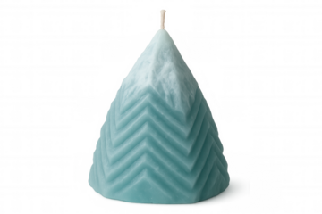 Studio shot of a turquoise pyramid candle with a chevron pattern, isolated on a transparent background