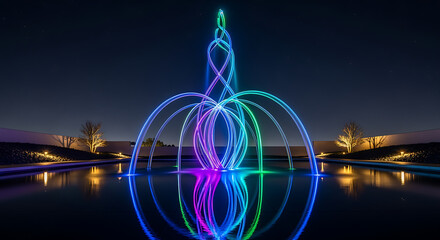 Illuminated water fountain with reflections at night in the garden