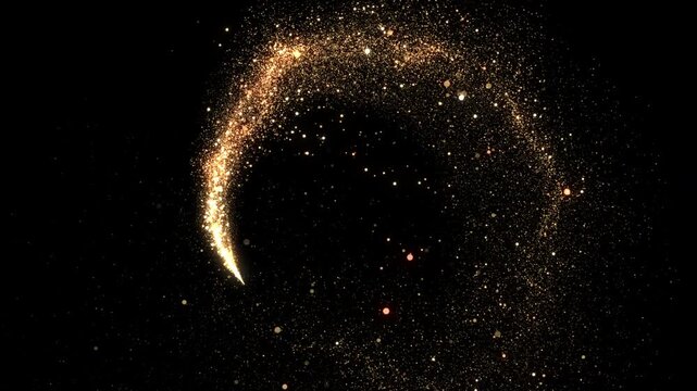 Golden Star Trail Flying Around with Twinkling Particles Floating in the Air. Gold Dust Glowing Bokeh Moving on Black Background Magical Style 3d Animation. Christmas Design Element Overlay Screen 4k.