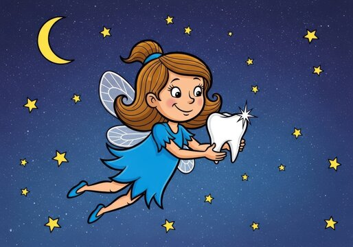 Cartoon tooth fairy flying in the night sky with a tooth isolated on white background