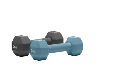 Modern charcoal grey and muted blue hexagonal dumbbells, textured grips, transparent studio surface, high-key lighting, ample copy space, concept of fitness commitment and progress