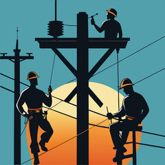 High contrast silhouette of three linemen in action