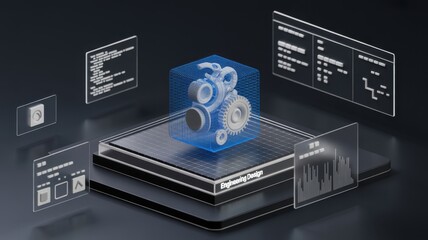 Futuristic digital engine hologram with data interface for technology, engineering, and artificial intelligence on a dark background