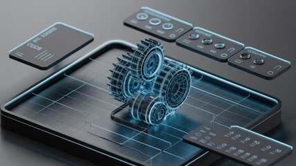 Futuristic technology concept featuring gears, screens, and digital interfaces representing innovation, automation, and artificial intelligence systems