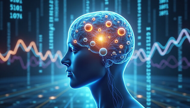 Profile of human head with glowing neural network and data streams