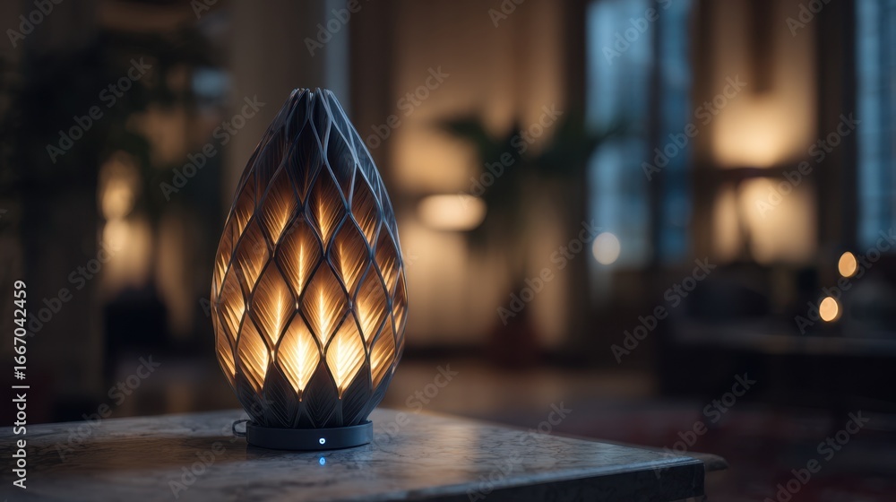 Aufkleber focused medium shot on a futuristic 3d printed lamp emitting warm light highlighting the complex str