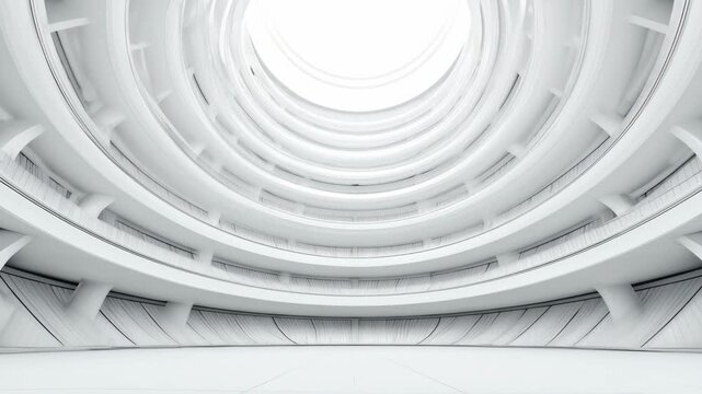 Inside a contemporary architectural marvel, a vast circular area showcases smooth, white surfaces and an eye-catching overhead light. The structure creates an inviting atmosphere.